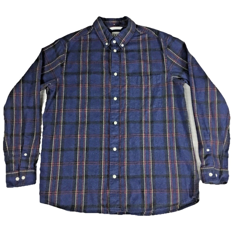 Zara Mens Relaxed Fit Plaid Flannel Button Down Shirt Blue‎ Red Size Medium